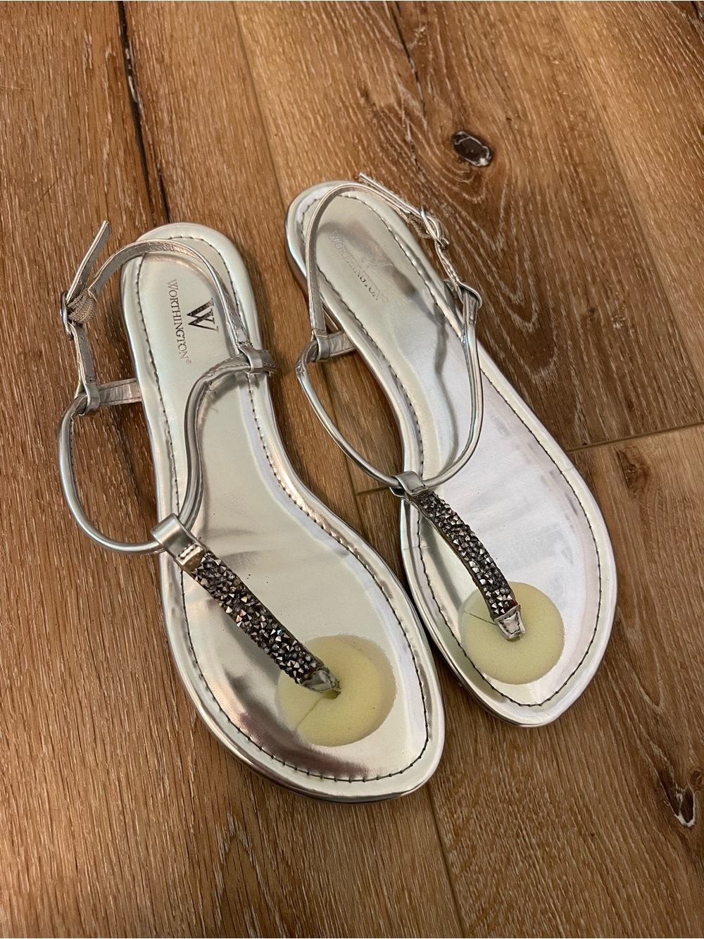 Worthington Silver T-Strap Rhinestone Sandals